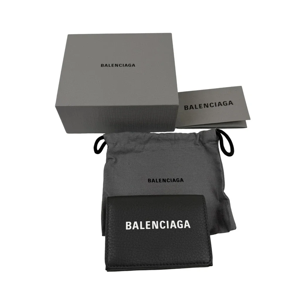 Balenciaga Wallet Black Grained Leather Trifold Logo 531592 DLQAN 3766 U NEW